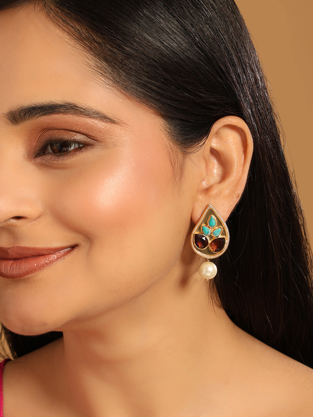22K Gold Plated Faux Turquoise Pearl Drop Stud Earrings