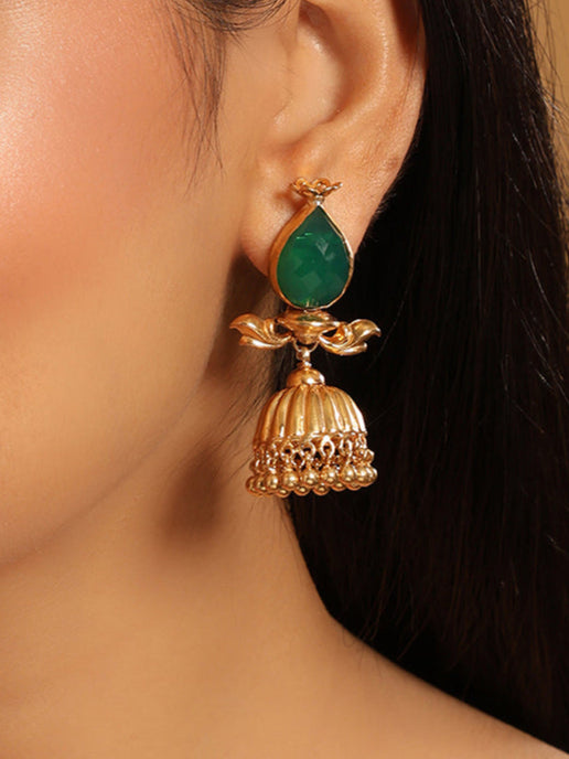 22K Gold Plated Emerald Stone Studded Ethnic Jhumkas