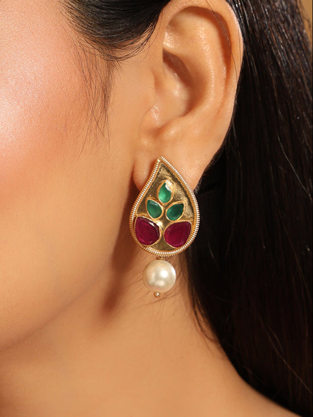22K Gold Plated Ruby Stone Pearl Drop Earrings