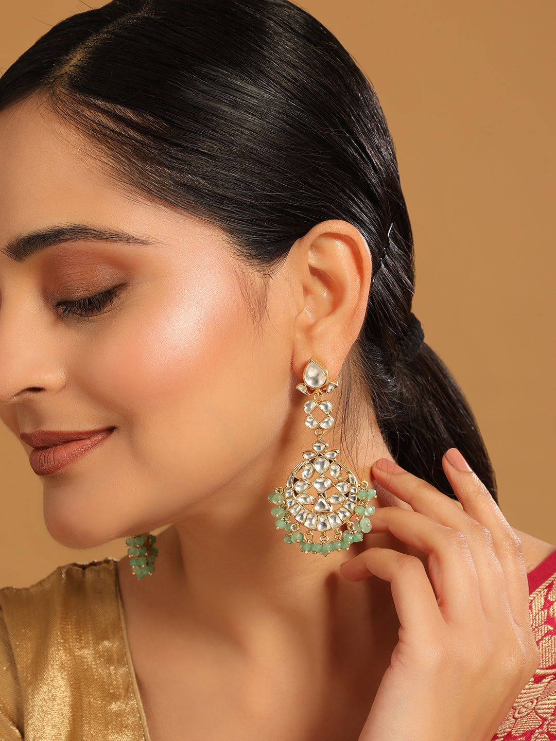22K Gold Plated Green Kundan Chandbali Earrings