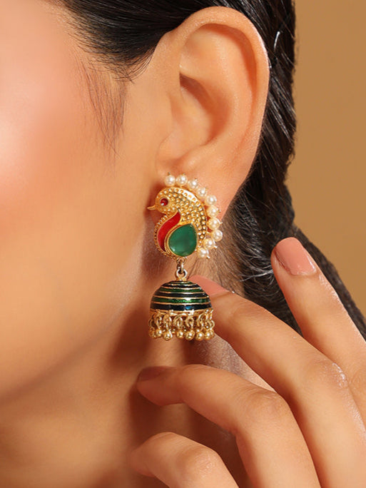 22K Gold Plated Peacock enamel Jhumkis