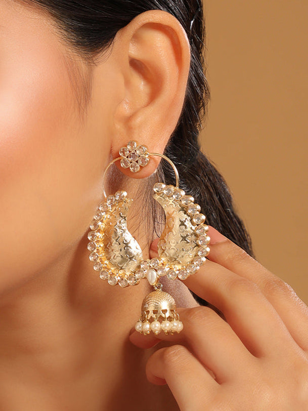 22K Gold Plated White Stone Studded Jhumki Dangler Earrings