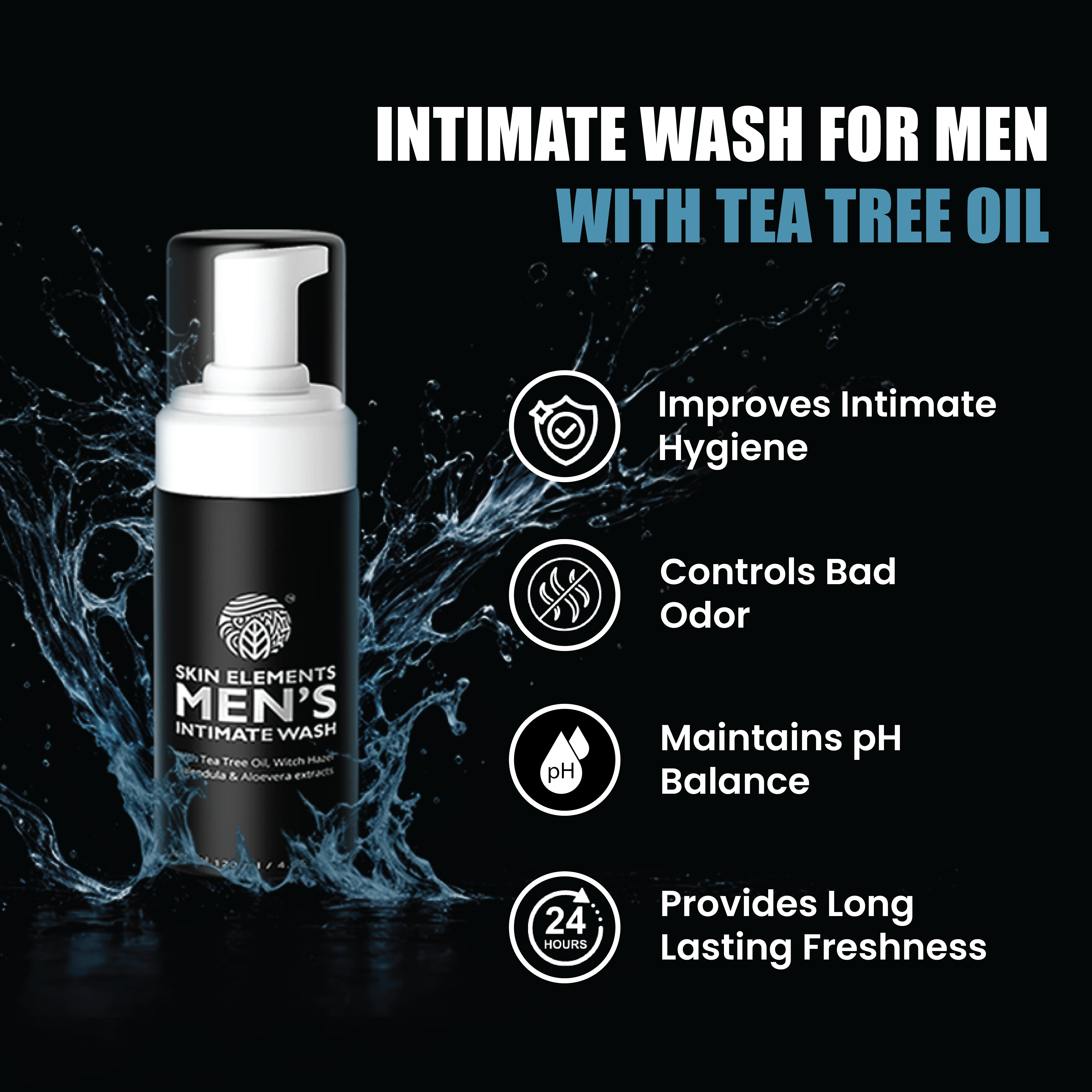 Skin Elements Intimate Wash for Men with Tea Tree Oil (4.05 fl. oz.) | pH Balanced Foaming Hygiene Wash | Prevents Itching, Irritation & Bad Odor
