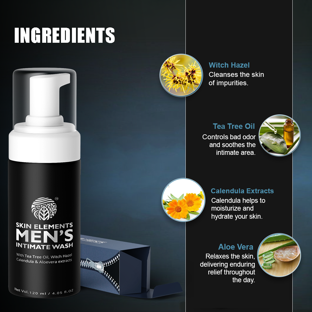 Skin Elements Intimate Wash for Men with Tea Tree Oil (4.05 fl. oz.) | pH Balanced Foaming Hygiene Wash | Prevents Itching, Irritation & Bad Odor