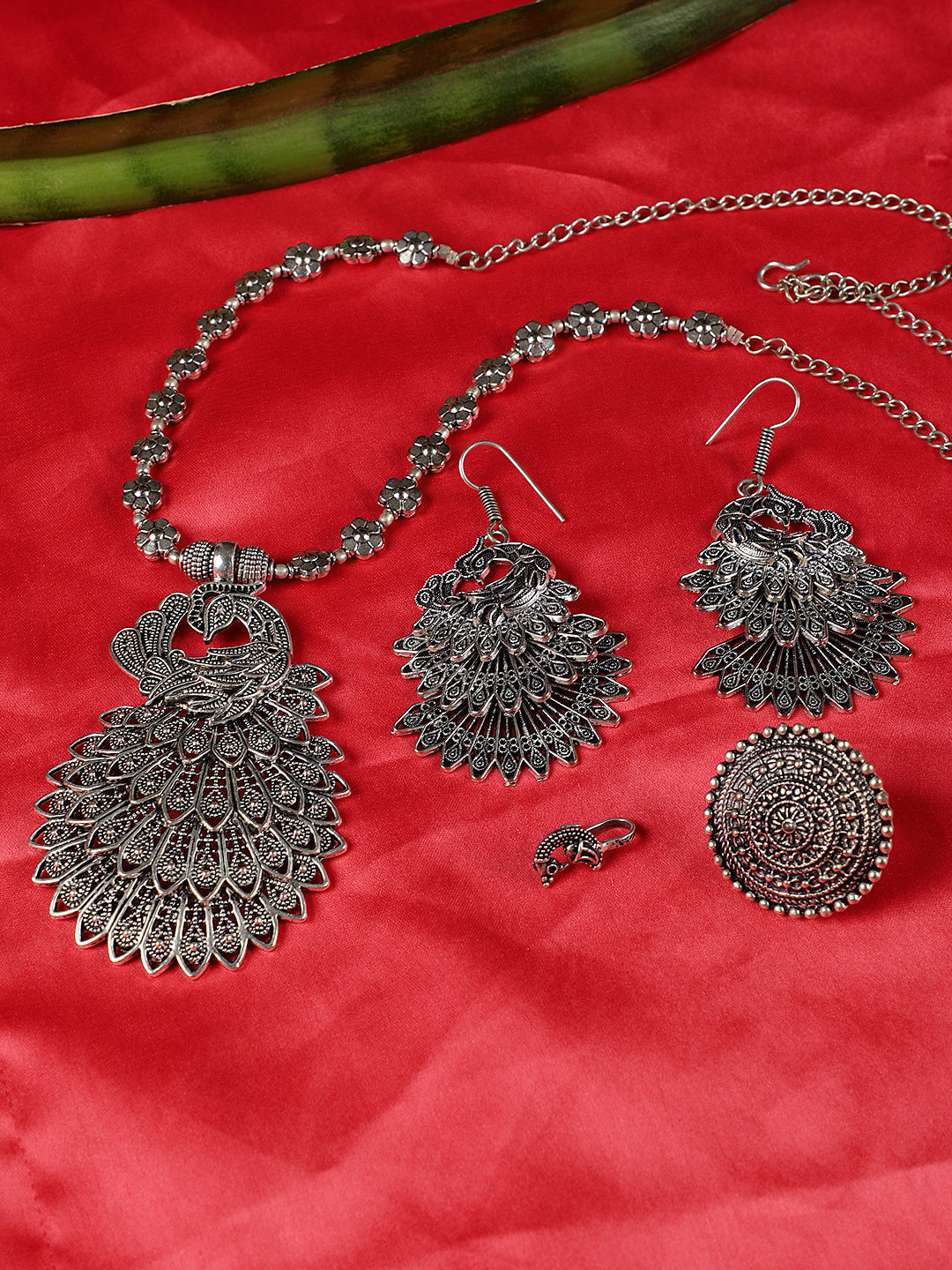 German Silver Oxidised Peacock Jewellery Set With Ring And Nosepin