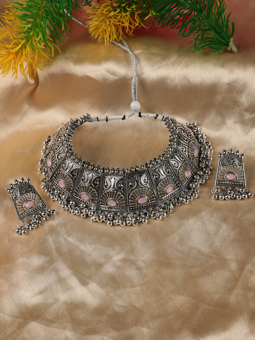 Pink Stones Studded Oxidisedsilver Plated Jewellery Set