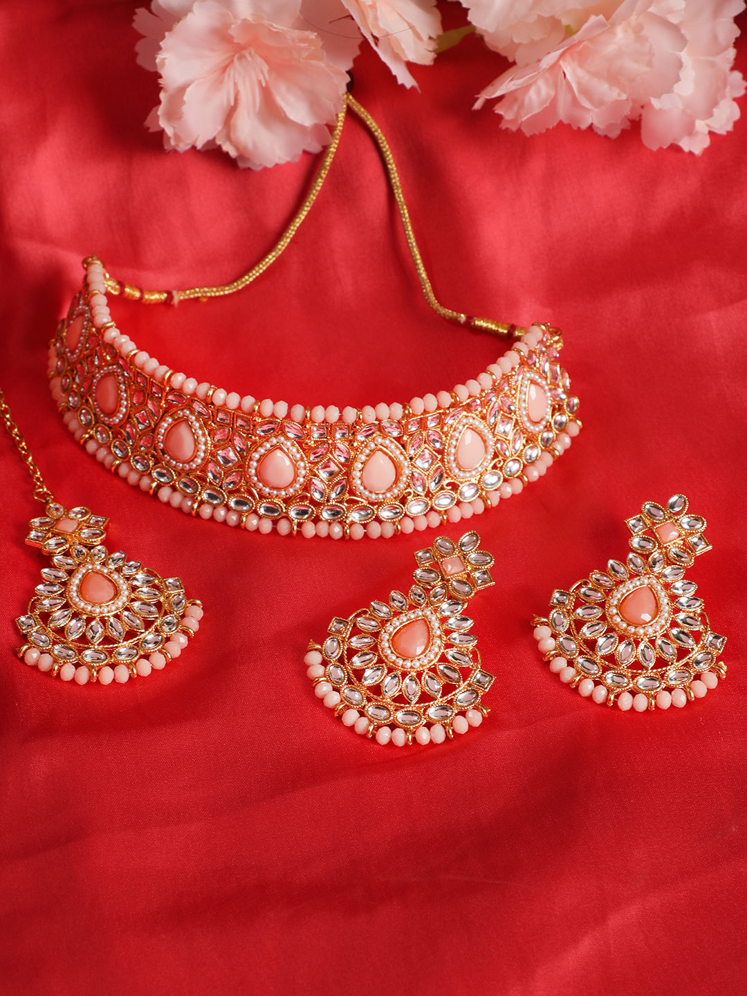 Pink Kundan Pearls Gold Plated Choker Set With Maangtikka