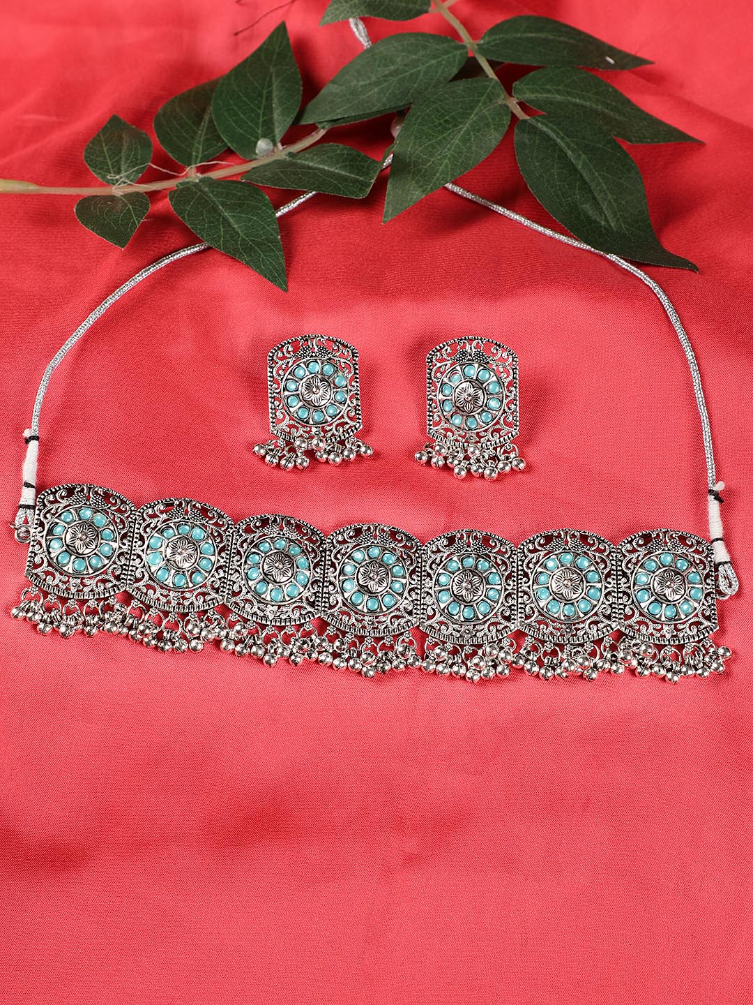 Blue Stones Studded Silver Plated Choker Set