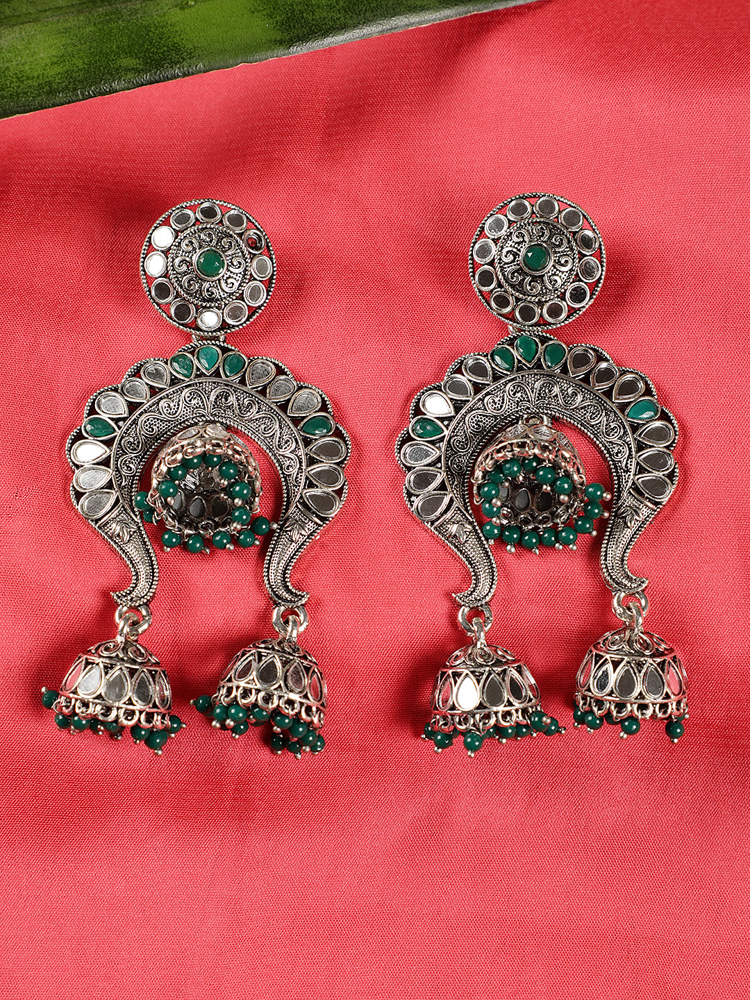 Emarald Beads Oxidised Silver-Plated Jhumka Earring