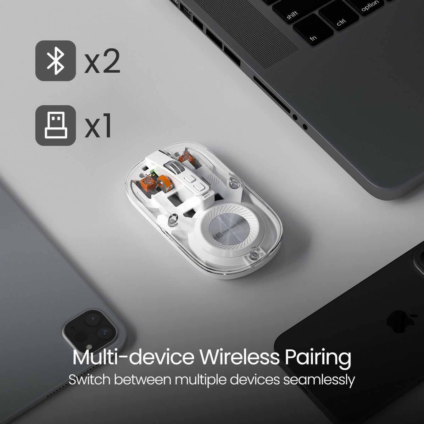 Portronics Toad 8 Ambidextrous Optical Mouse Transparent, Rechargeable, Silent (2.4GHz Wireless, Bluetooth, White)