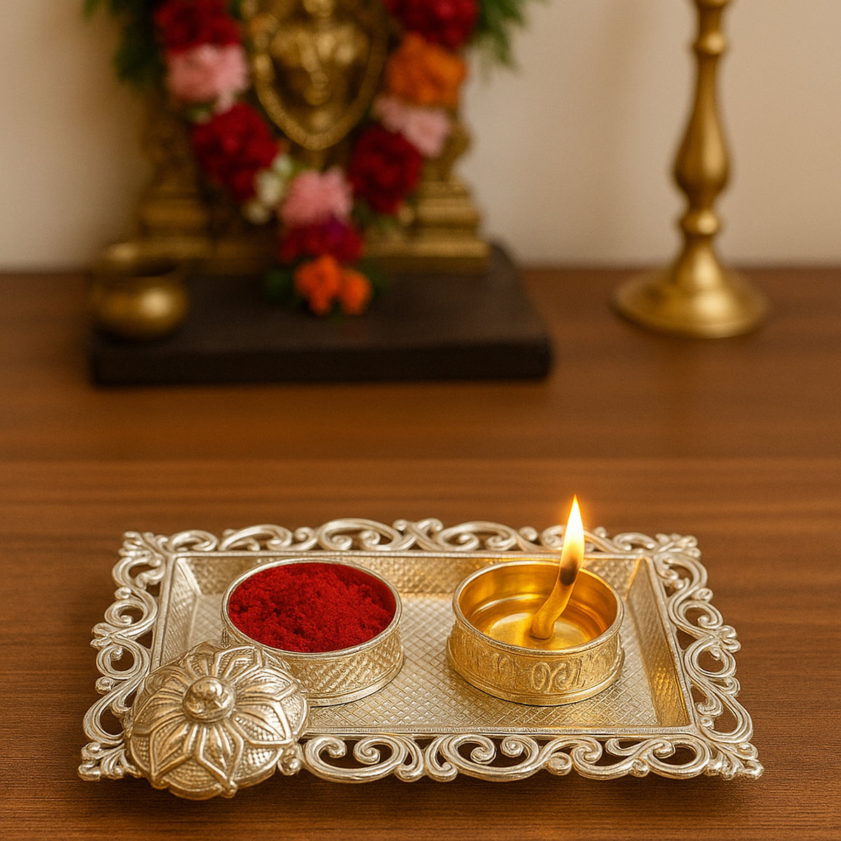 Ornate Rectangular Pooja Thali Tray with 2 Containers (Flower-Lid Kumkum Box + Open Bowl)