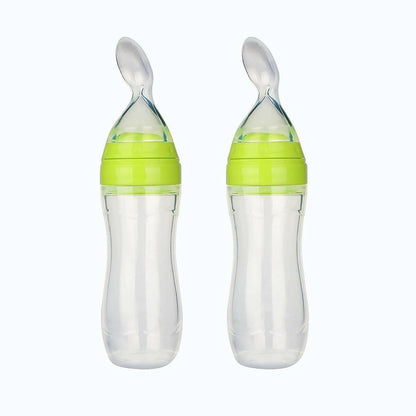 Safe-O-Kid 2 Easy Squeezy Silicone Food Feeder Spoon (Soft Tip) Bottle, 90ml, (Pack Of 2 - Multicolour) - HalfPe