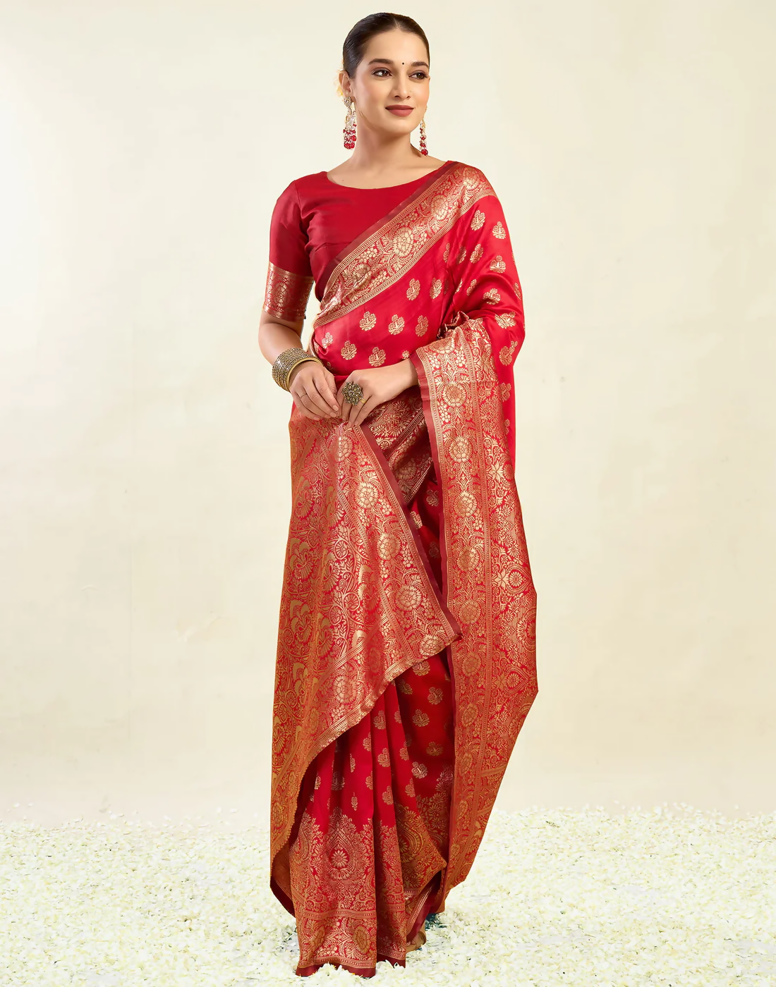 Royal Emerald Jacquard Saree with Golden Zari Work & Heavy Brocade Border