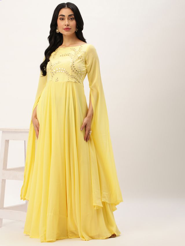 Bollywood Vogue Ready To Wear Yellow Net Embroidered Indowestern Set