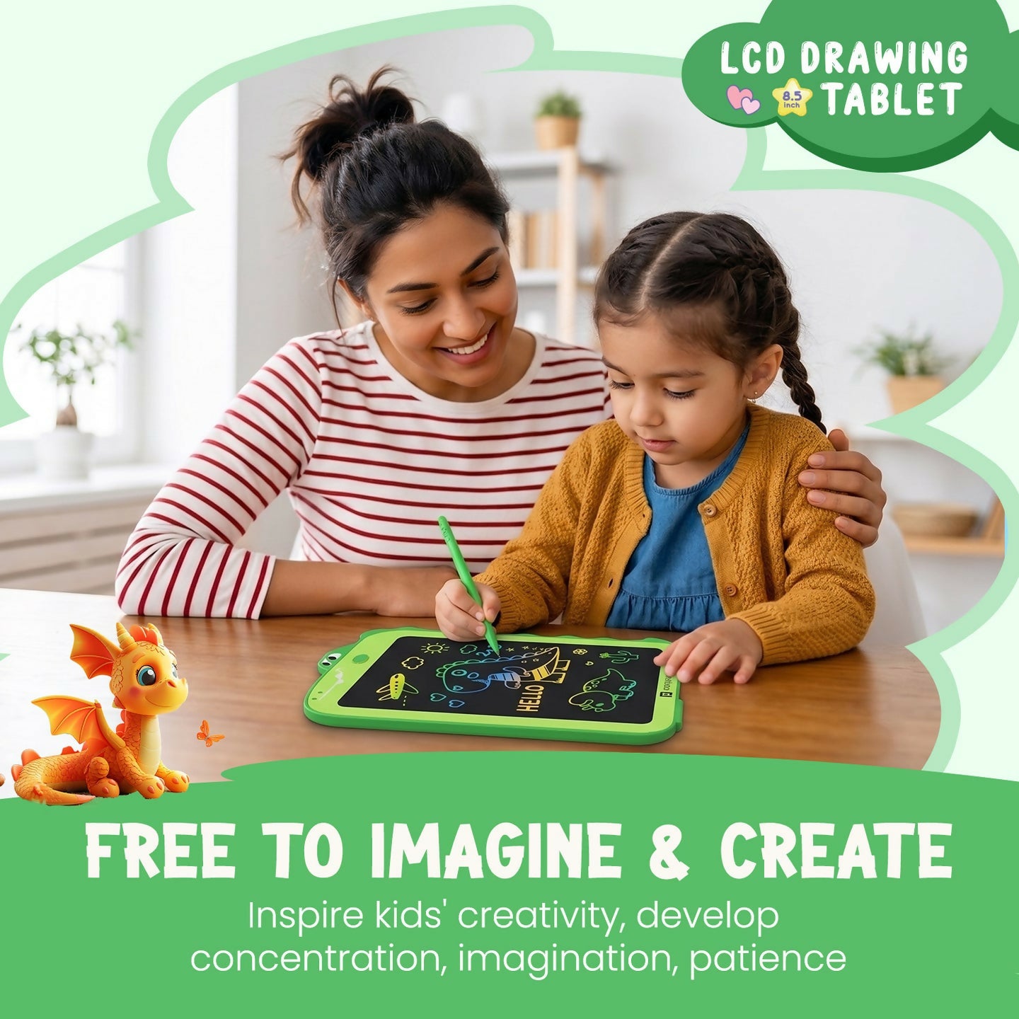 Portronics RUFFPAD DINO 8.5 Multicolor LCD Writing Tablet with One-Tap Erase, Dinosaur Design, Eye-Safe Screen – Green
