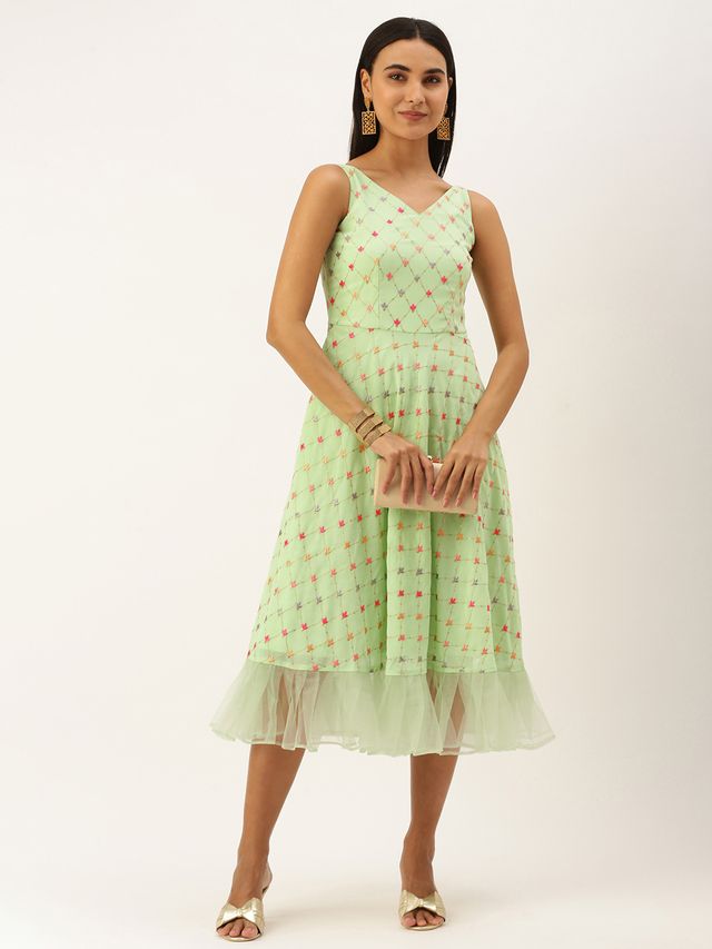 Bollywood Vogue Ready To Wear Green Georgette Embroidered Dress