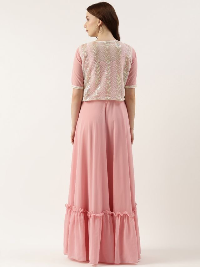 Bollywood Vogue Ready To Wear White Net Embroidered Jacket Style Gown