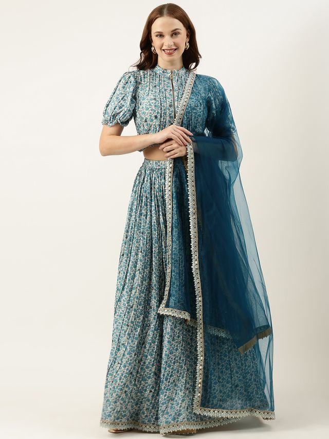 Bollywood Vogue Ready To Wear Blue Chinon Printed N Embroidered Lehenga Set