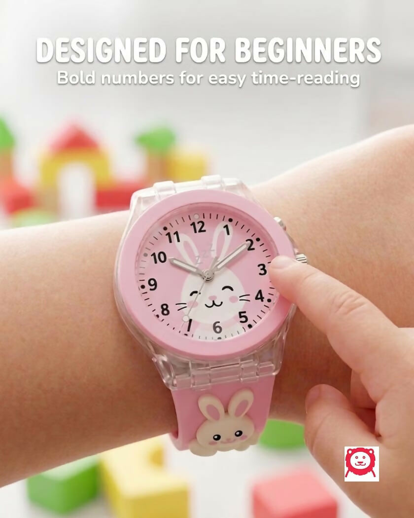Kids Analog Rabbit Design Watch with Easy-to-Read Numbers & Soft Silicone Strap – Pink