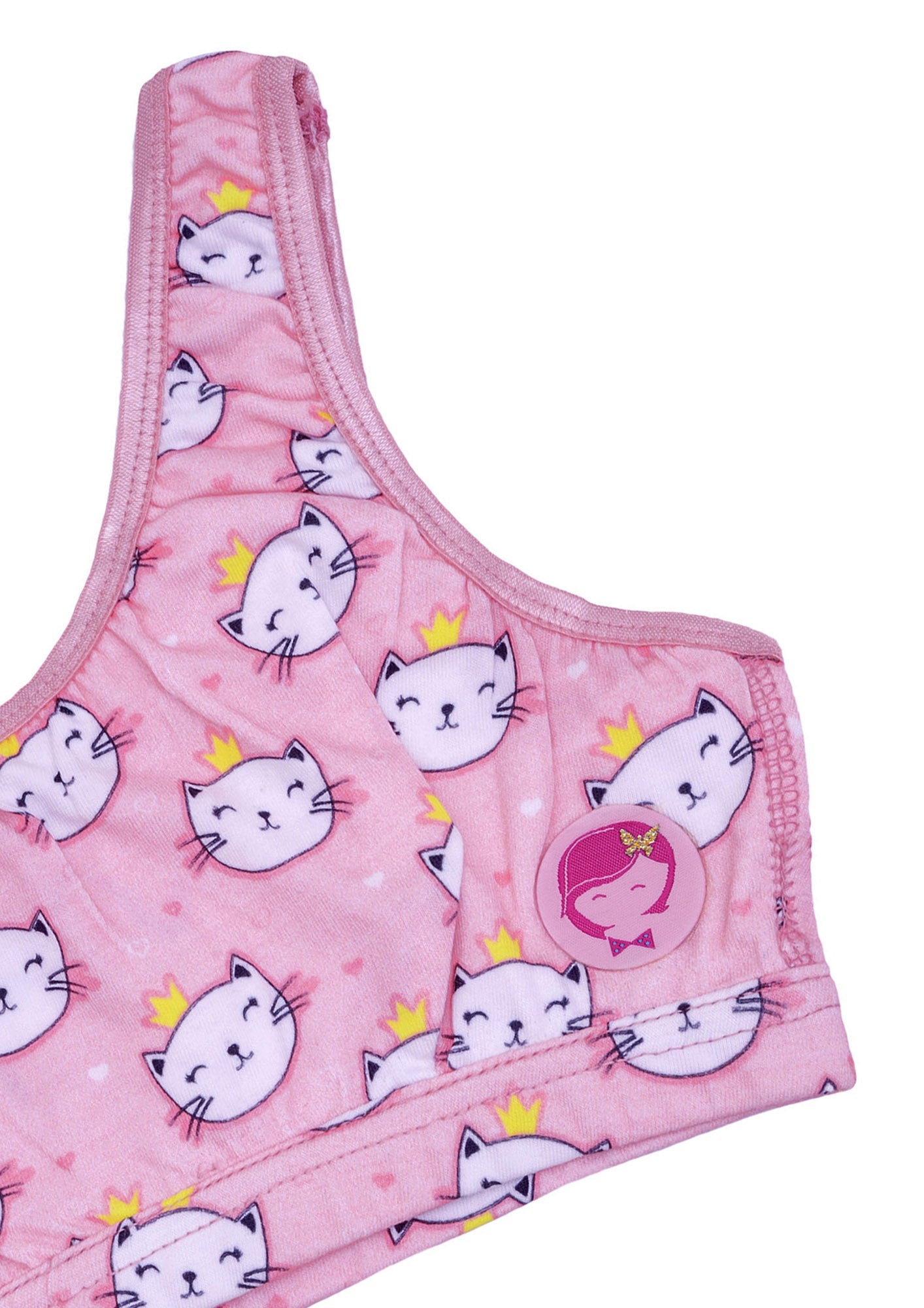 D'chica Essentials Assorted Double-Layer Broad Strap Cotton Sports Bra | Non-Padded Beginner Bra | Kitty Printed Bra (Colour-Pink) Dchica Fashion Lifestyle