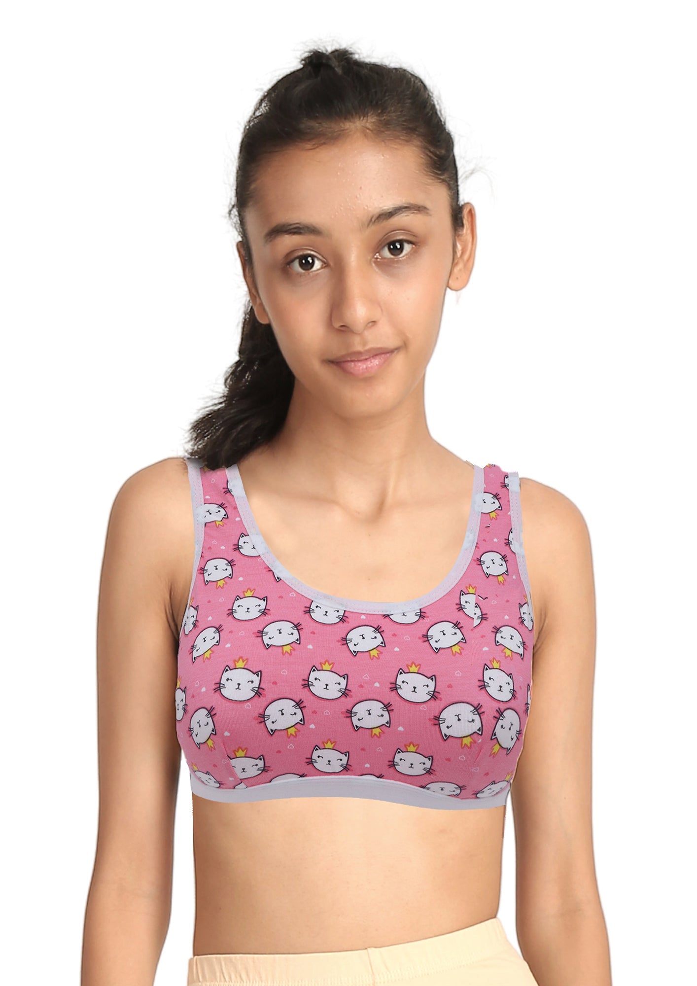 D'chica Essentials Assorted Cotton Sports Bra | Single-Layer Broad Strap | Non-Padded Beginner Bra | Kitty Print (Colour-Pink) Dchica Fashion Lifestyle