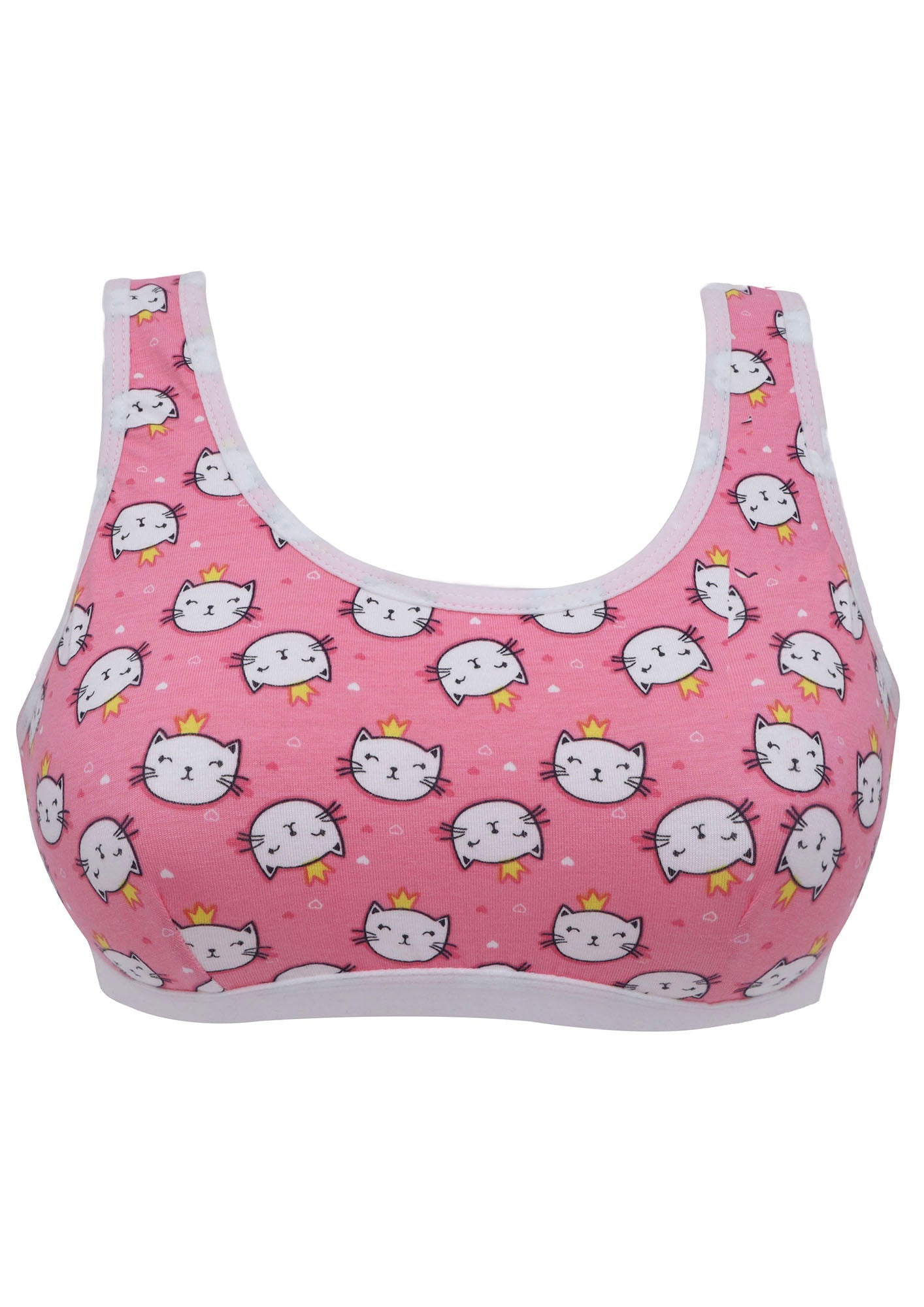 D'chica Essentials Assorted Cotton Sports Bra | Single-Layer Broad Strap | Non-Padded Beginner Bra | Kitty Print (Colour-Pink) Dchica Fashion Lifestyle