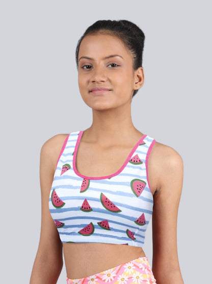 D'chica Essentials Assorted Double-Layer Broad Strap Cotton Sports Bra | Non-Padded Beginner Bra | Printed Design|Color White| Dchica Fashion Lifestyle