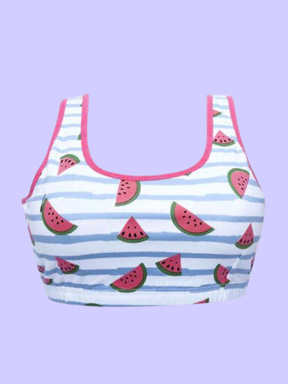 D'chica Essentials Assorted Double-Layer Broad Strap Cotton Sports Bra | Non-Padded Beginner Bra | Printed Design|Color White| Dchica Fashion Lifestyle