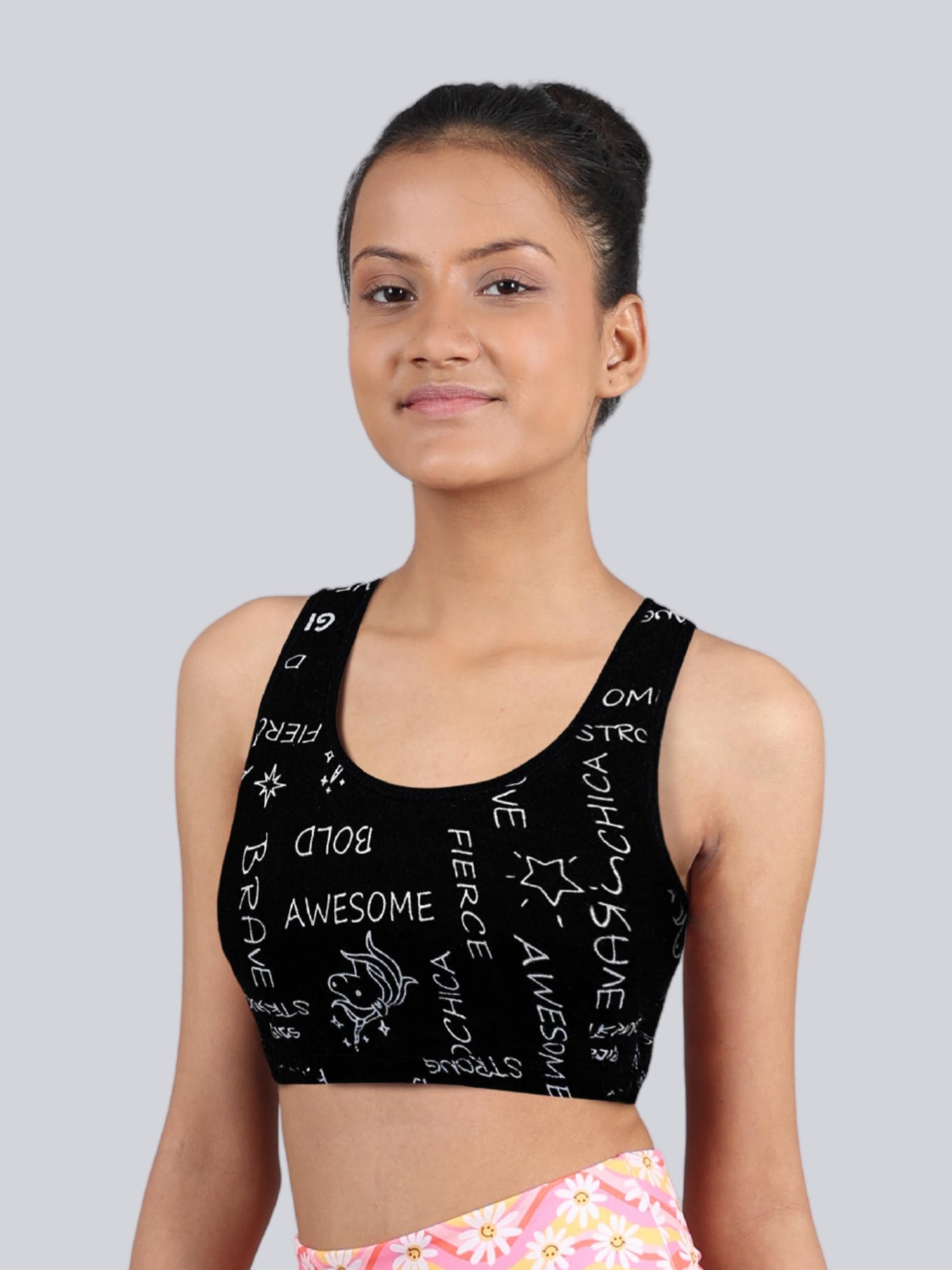 D'chica Essentials Assorted Double-layer Broad Strap Cotton Athletic Bra | Non Padded Beginner Bra | Printed Bra| Color Black| Dchica Fashion Lifestyle