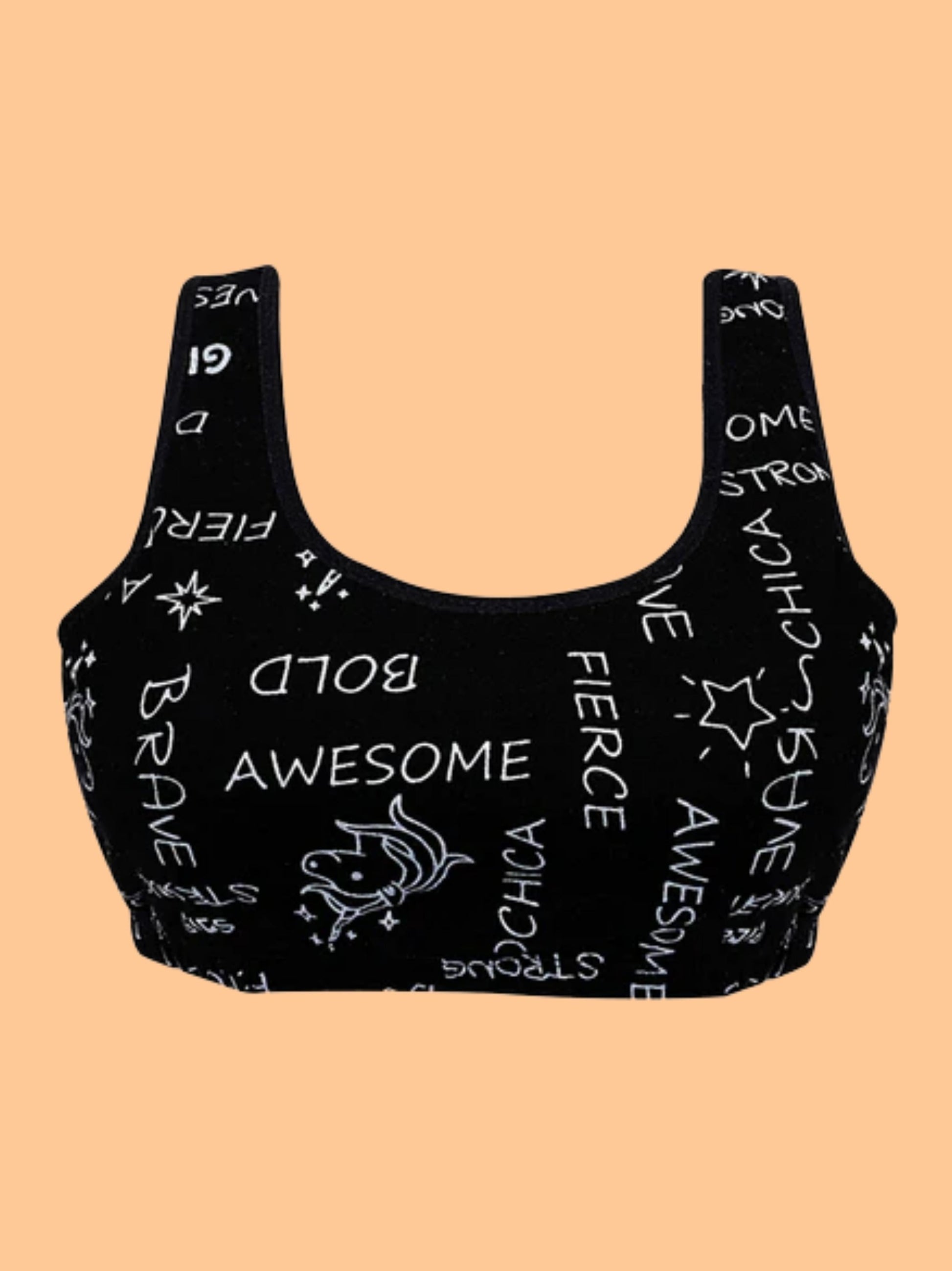 D'chica Essentials Assorted Double-layer Broad Strap Cotton Athletic Bra | Non Padded Beginner Bra | Printed Bra| Color Black| Dchica Fashion Lifestyle