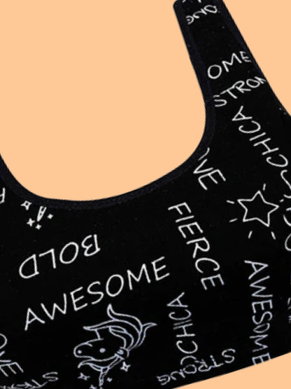 D'chica Essentials Assorted Double-layer Broad Strap Cotton Athletic Bra | Non Padded Beginner Bra | Printed Bra| Color Black| Dchica Fashion Lifestyle