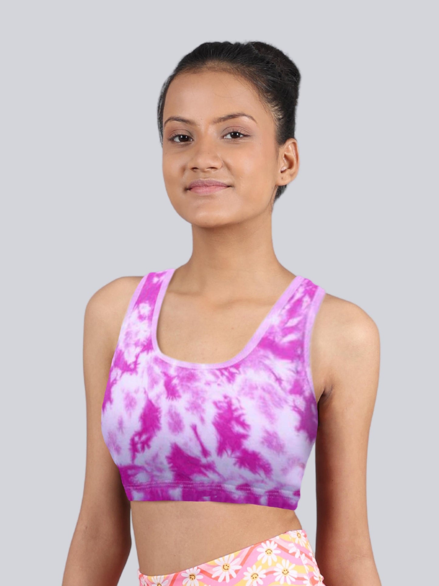 D'chica Essentials Assorted Double-Layer Broad Strap Cotton Yoga Bra | Non-Padded Beginner Bra | Tie-Dye Print Design|color pink| Dchica Fashion Lifestyle