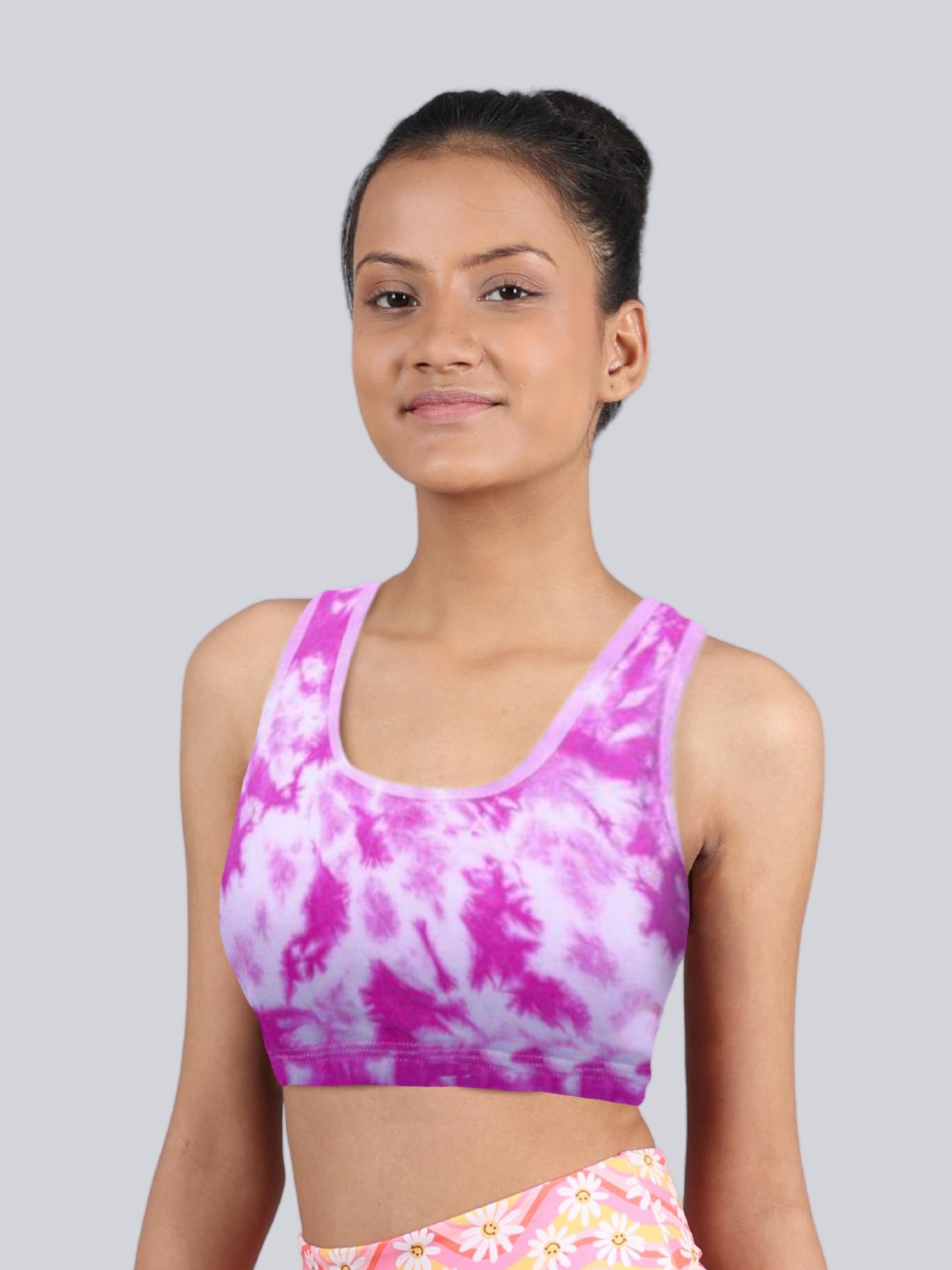 D'chica Essentials Assorted Double-Layer Broad Strap Cotton Yoga Bra | Non-Padded Beginner Bra | Tie-Dye Print Design|color pink| Dchica Fashion Lifestyle