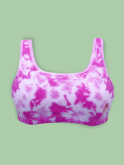 D'chica Essentials Assorted Double-Layer Broad Strap Cotton Yoga Bra | Non-Padded Beginner Bra | Tie-Dye Print Design|color pink| Dchica Fashion Lifestyle