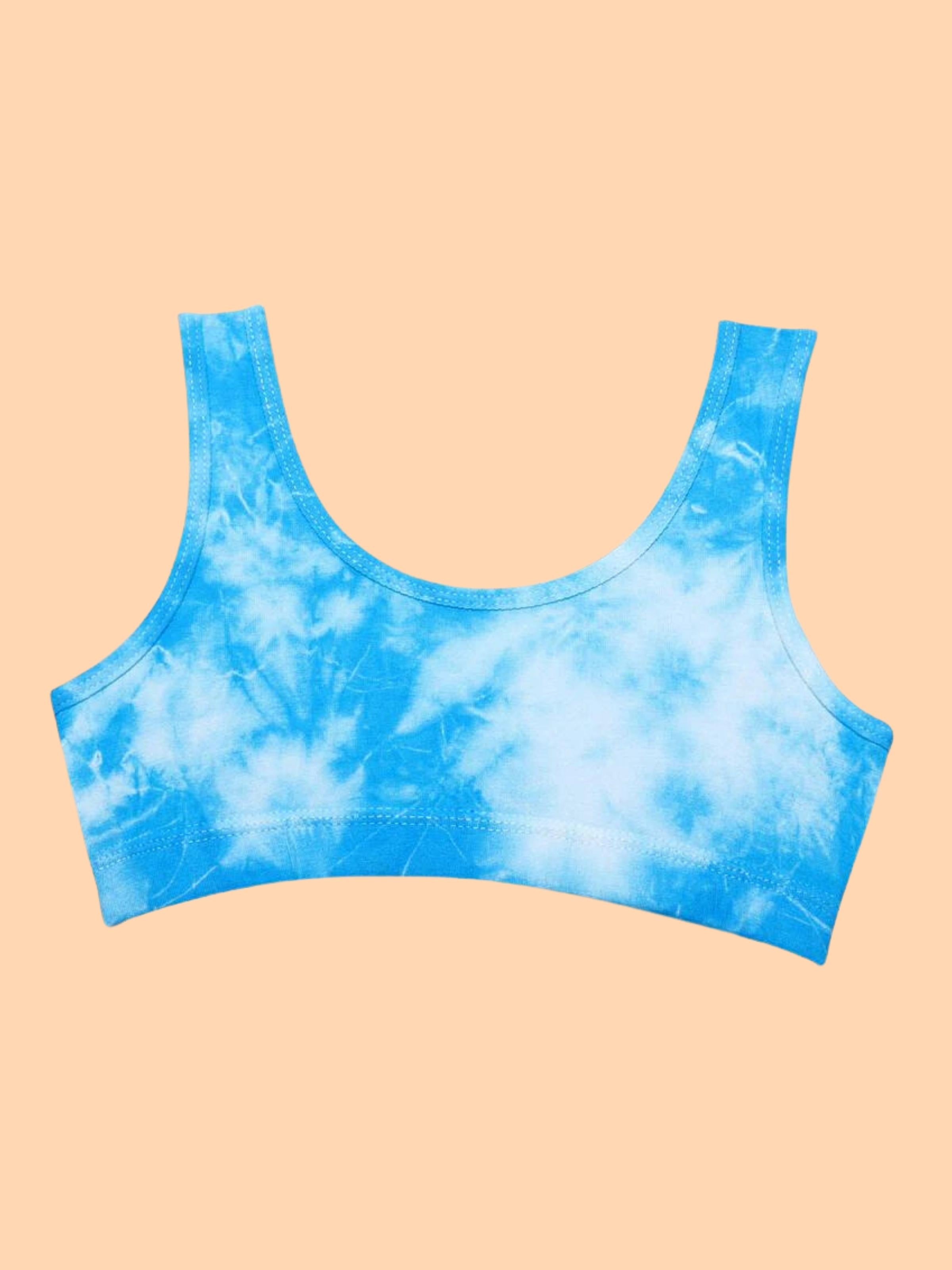 D'chica Essentials Assorted Double-layer Broad Strap Cotton Gym Bra | Non Padded Beginner Bra | Tie & Dye Print Bra (Colour-Blue) Dchica Fashion Lifestyle
