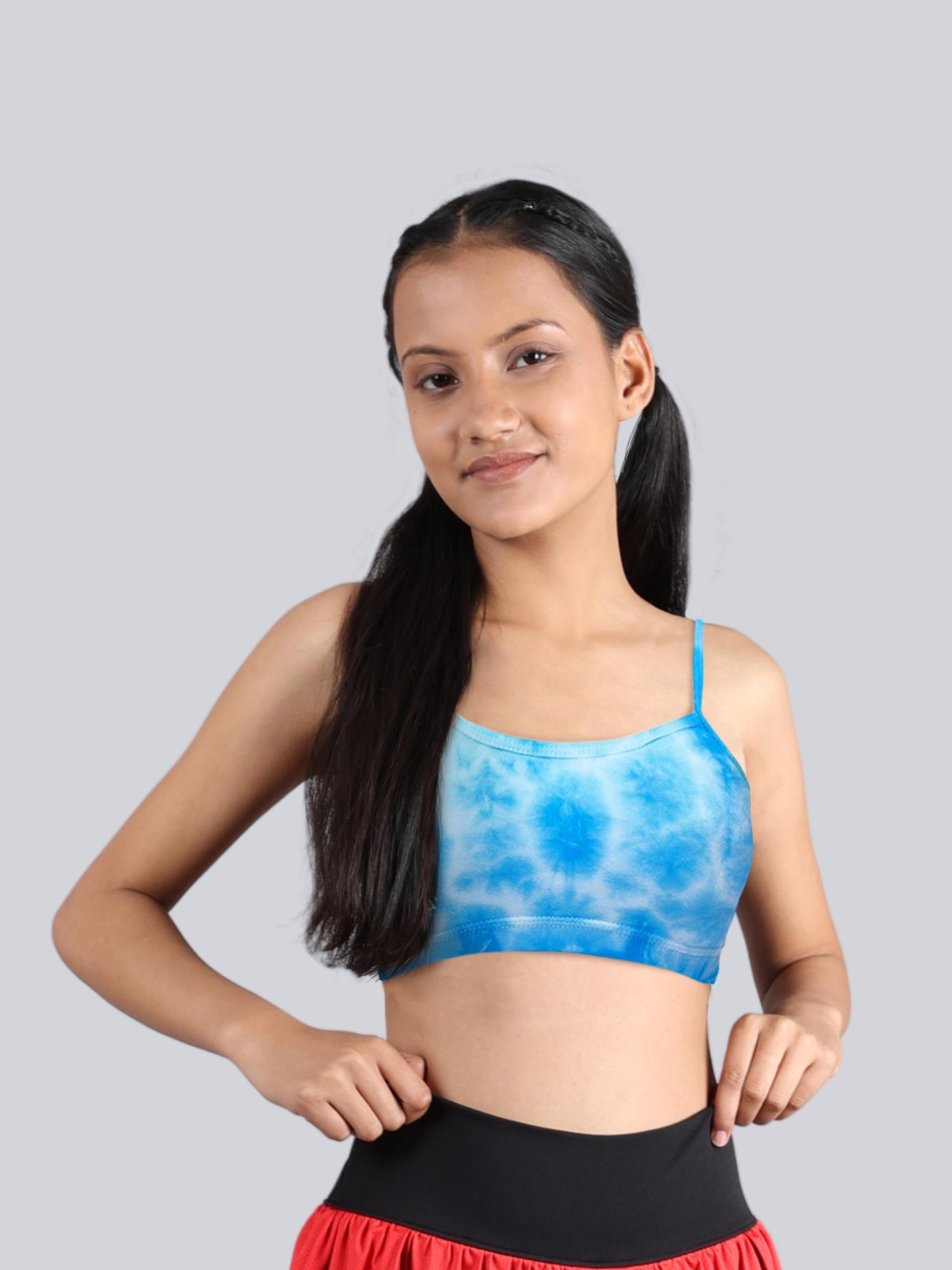 D'chica Essentials Assorted Double-Layer Thin Strap Cotton Yoga Bra | Non-Padded Beginner Bra | Printed Bra (Colour-Blue) Dchica Fashion Lifestyle