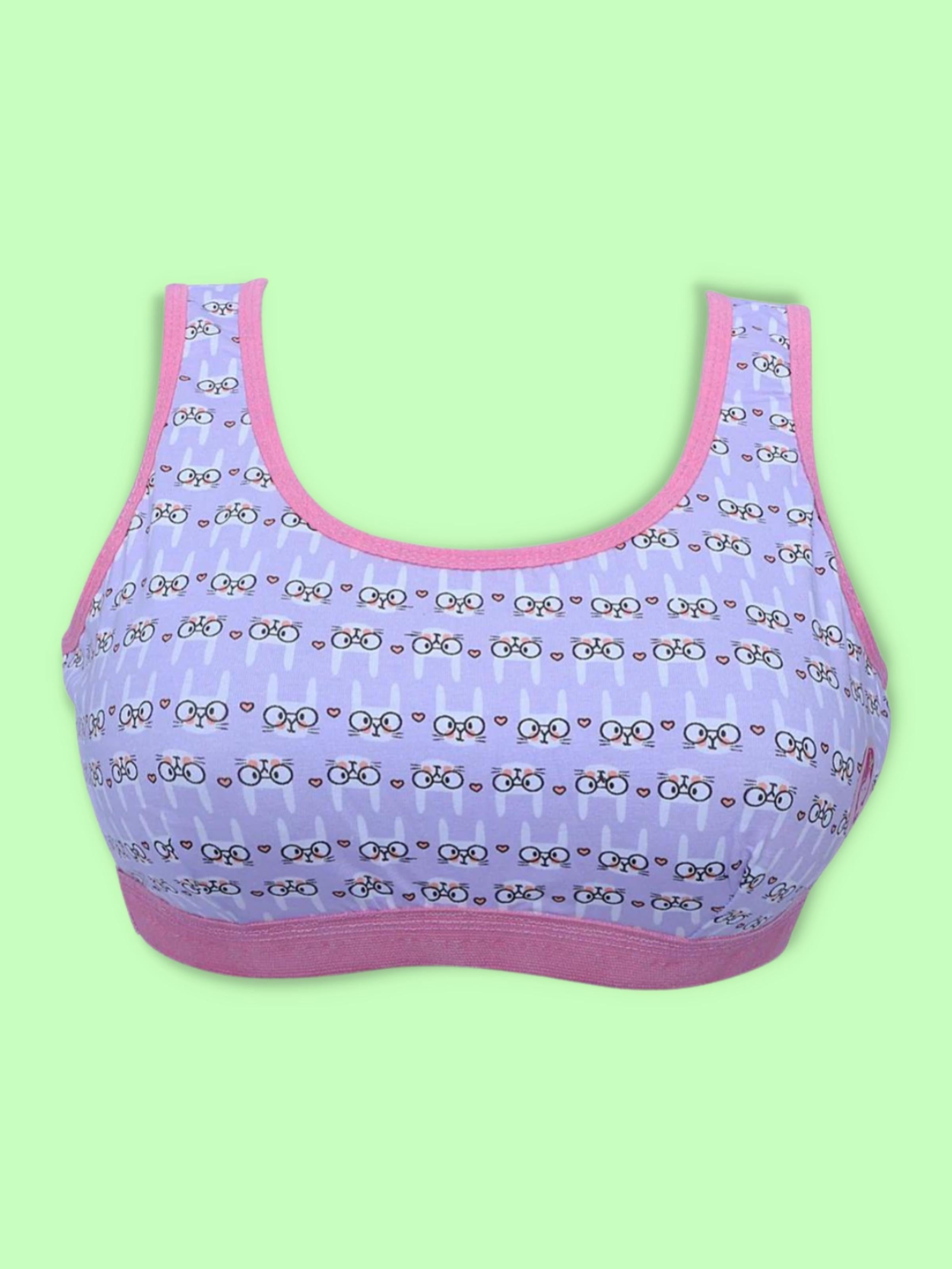 D'chica Essentials Assorted Single-Layer Broad Strap Cotton Workout Bra | Non-Padded Beginner Bra | Bunny Printed Bra (Colour-Purple) Dchica Fashion Lifestyle