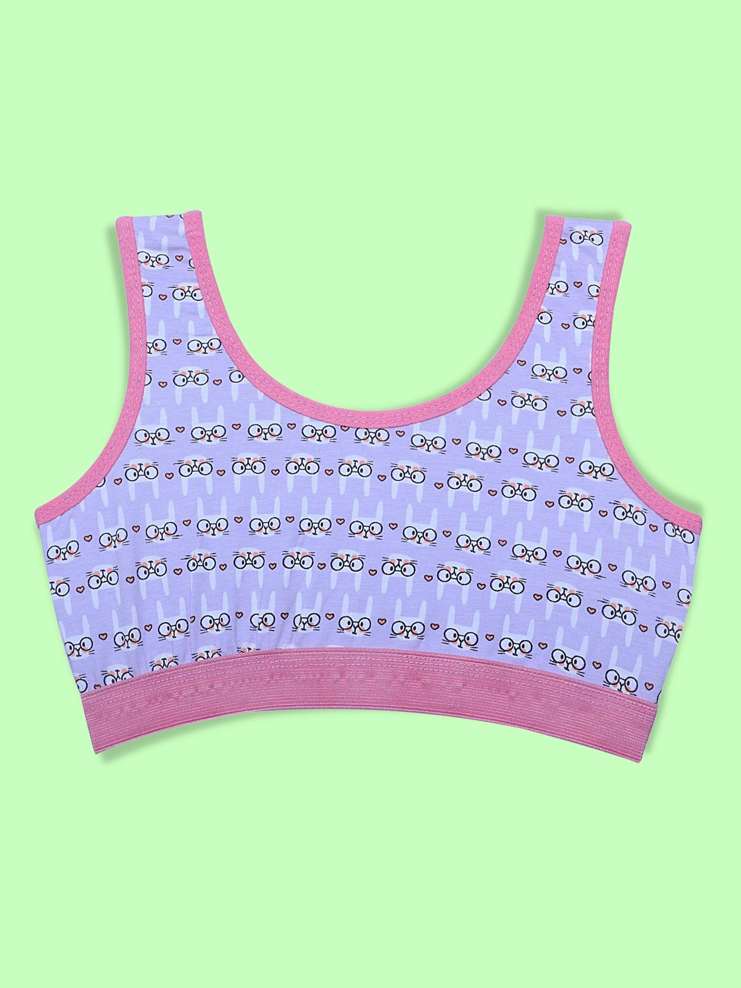 D'chica Essentials Assorted Single-Layer Broad Strap Cotton Workout Bra | Non-Padded Beginner Bra | Bunny Printed Bra (Colour-Purple) Dchica Fashion Lifestyle
