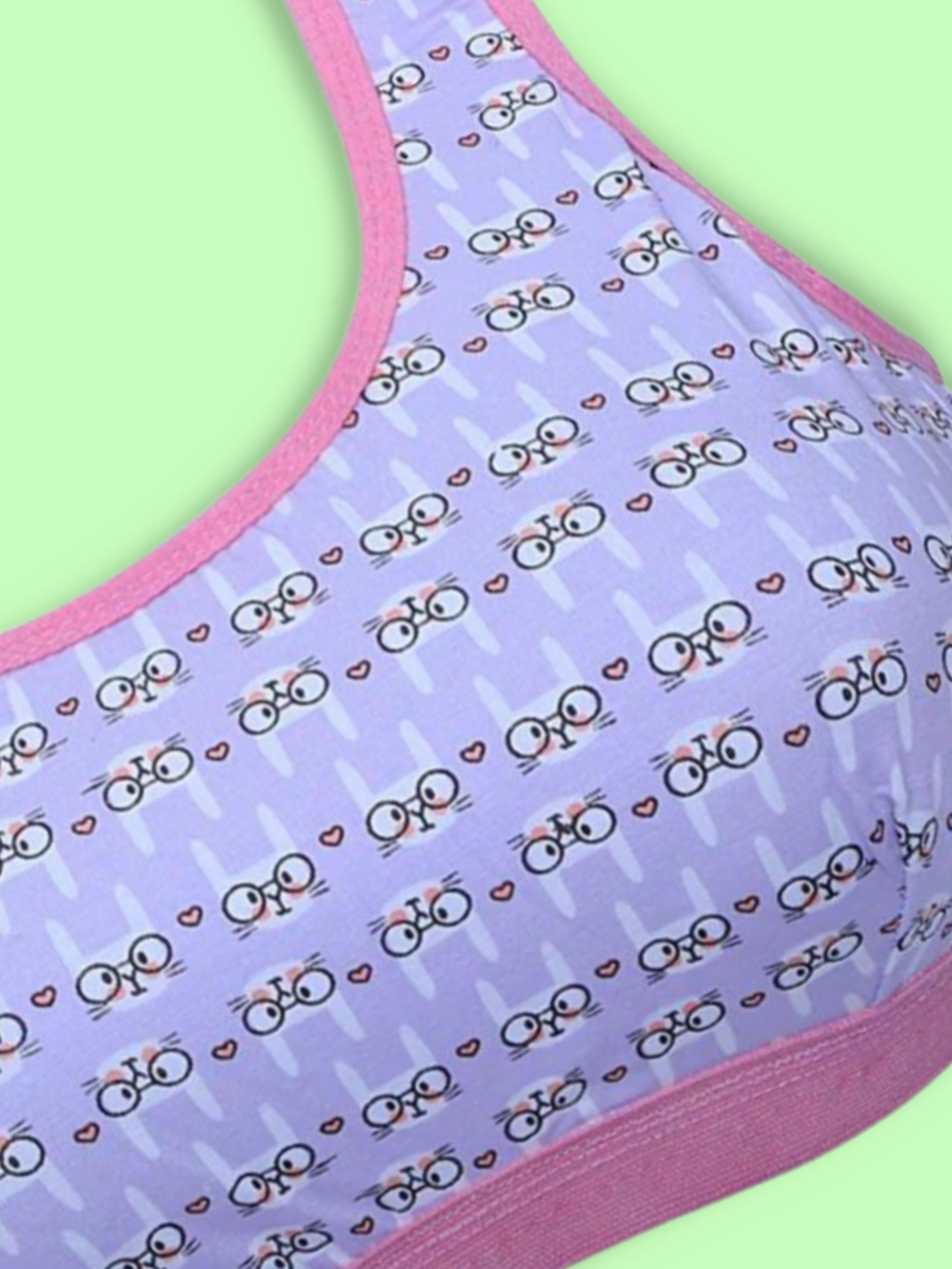 D'chica Essentials Assorted Single-Layer Broad Strap Cotton Workout Bra | Non-Padded Beginner Bra | Bunny Printed Bra (Colour-Purple) Dchica Fashion Lifestyle
