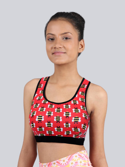D'chica Essentials Assorted Single-Layer Broad Strap Cotton Yoga Bra | Non-Padded Beginner Bra | Bee Printed Bra (Colour-Red) Dchica Fashion Lifestyle