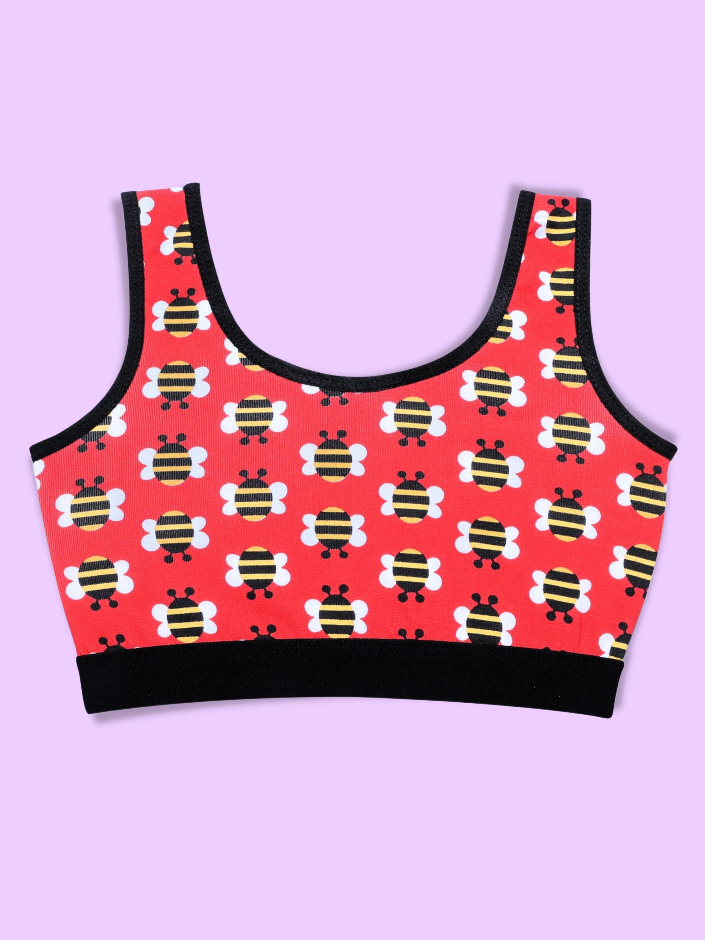 D'chica Essentials Assorted Single-Layer Broad Strap Cotton Yoga Bra | Non-Padded Beginner Bra | Bee Printed Bra (Colour-Red) Dchica Fashion Lifestyle