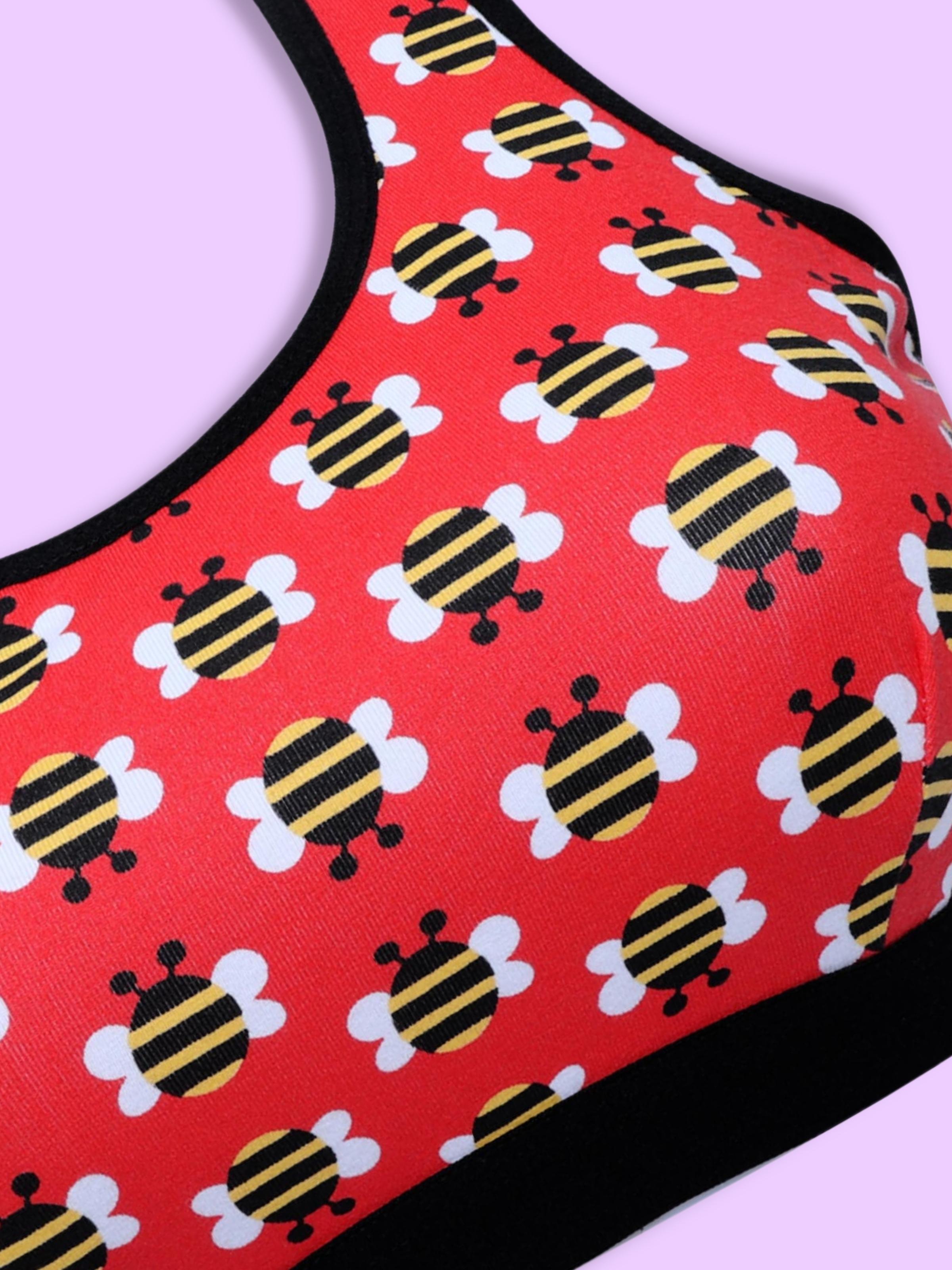 D'chica Essentials Assorted Single-Layer Broad Strap Cotton Yoga Bra | Non-Padded Beginner Bra | Bee Printed Bra (Colour-Red) Dchica Fashion Lifestyle