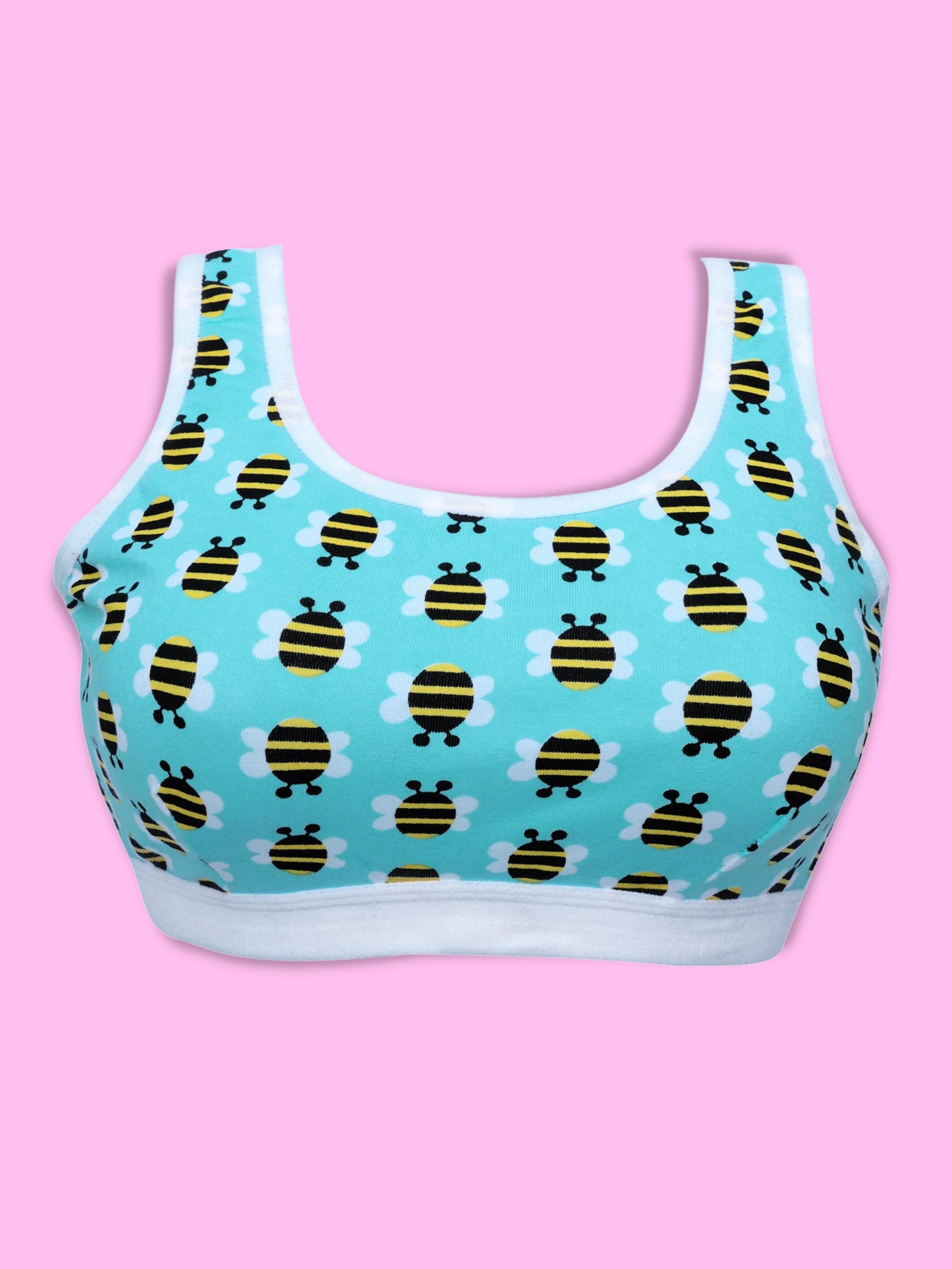 D'chica Essentials Assorted Single-Layer Broad Strap Cotton Sports Bra | Non-Padded Beginner Bra | Bee Printed Style (Colour-Blue) Dchica Fashion Lifestyle