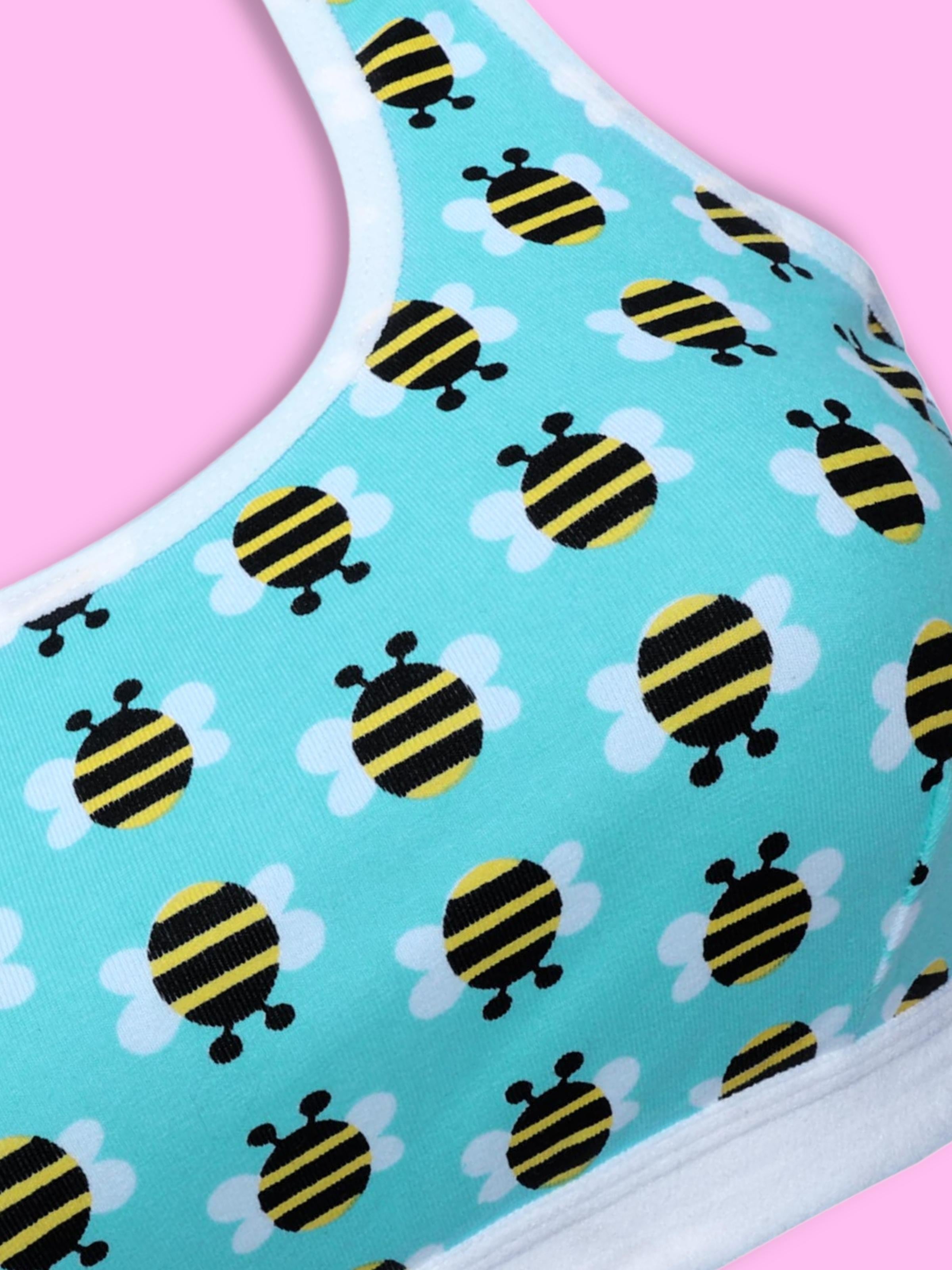 D'chica Essentials Assorted Single-Layer Broad Strap Cotton Sports Bra | Non-Padded Beginner Bra | Bee Printed Style (Colour-Blue) Dchica Fashion Lifestyle