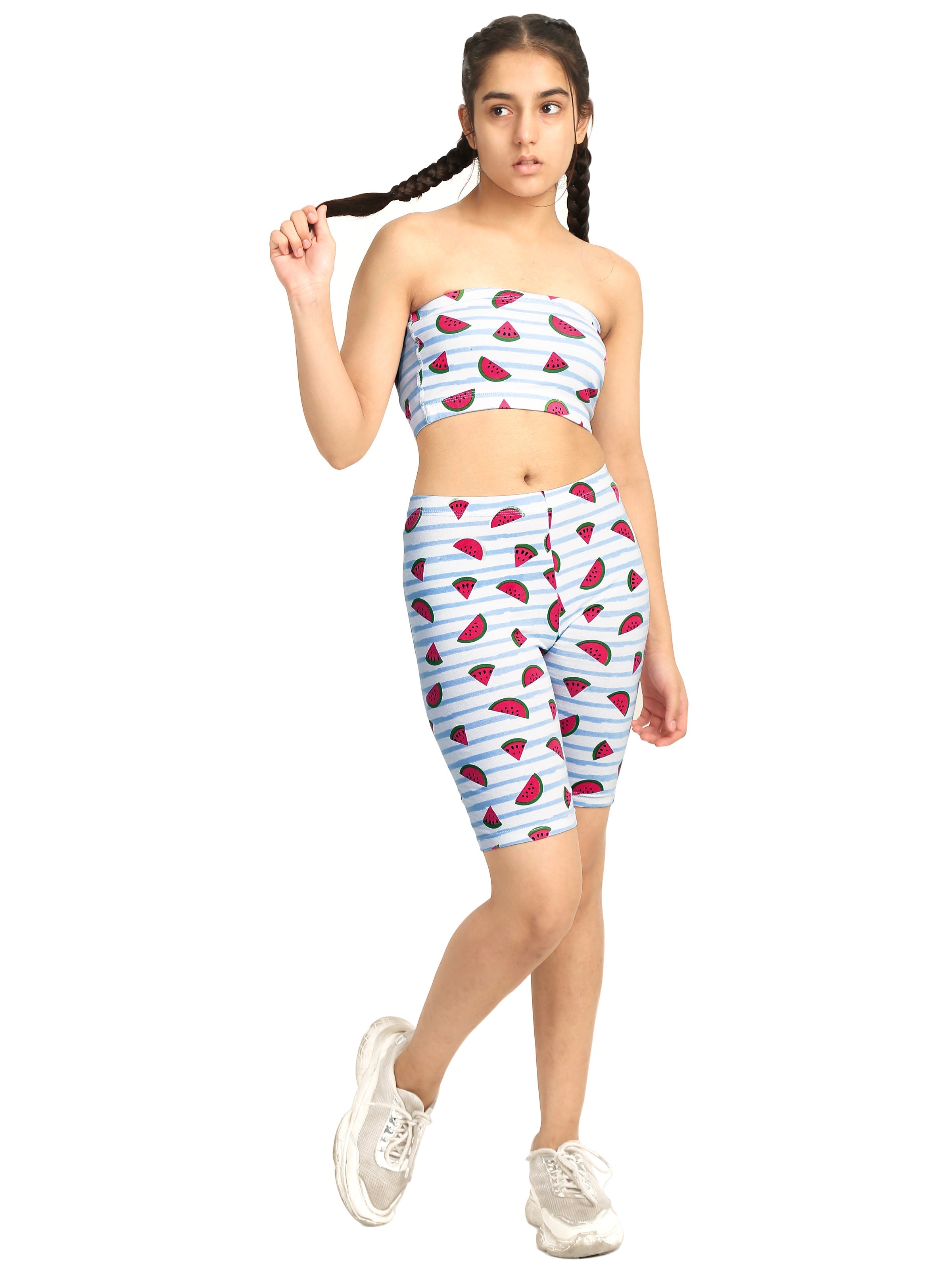 D'chica Essentials Assorted Watermelon (Blue and White) Printed Cycling Shorts – Fun, Fresh, and Comfortable! | Color (White) Dchica Fashion Lifestyle