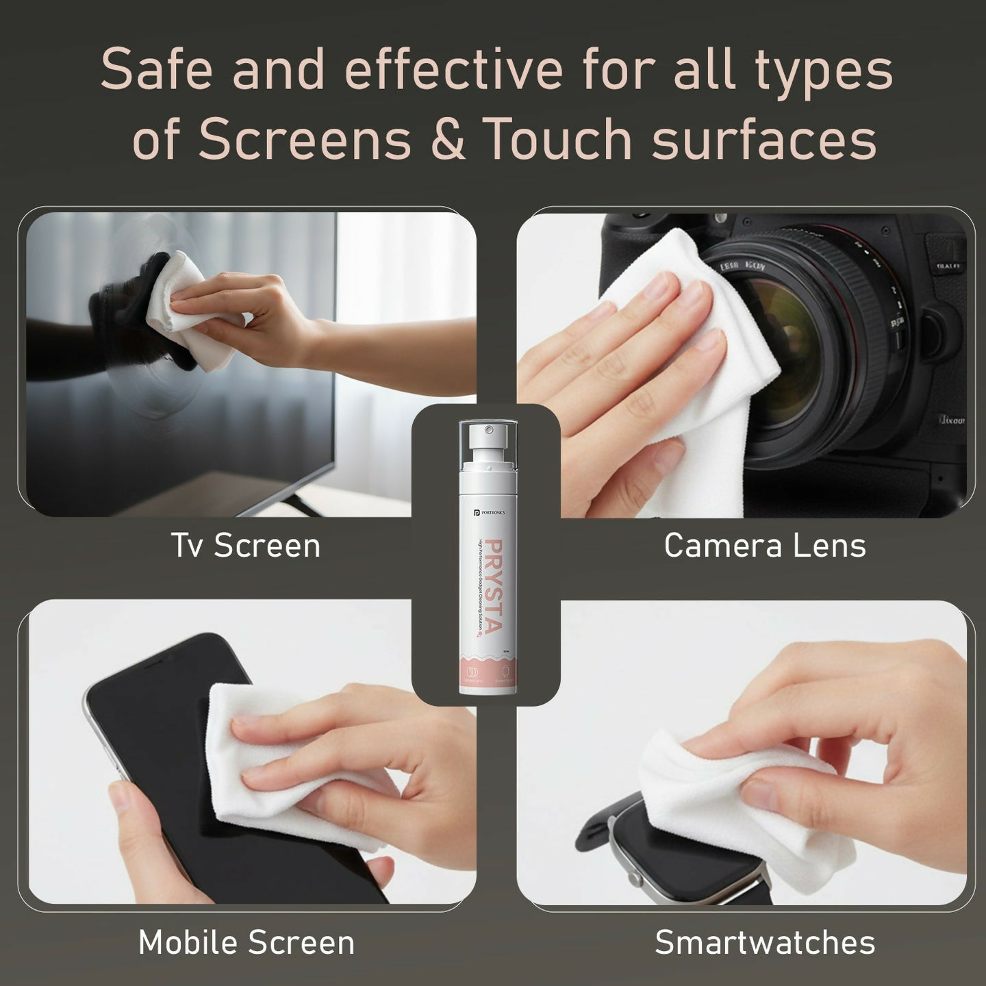 Portronics Prysta High Performance Gadget Cleaning Solution with Microfiber Cloth, 100ml Spray Cleaner for Mobile Screens, Laptops, Tablets, Smartwatches, Camera Lenses & Spectacles – POR 3256