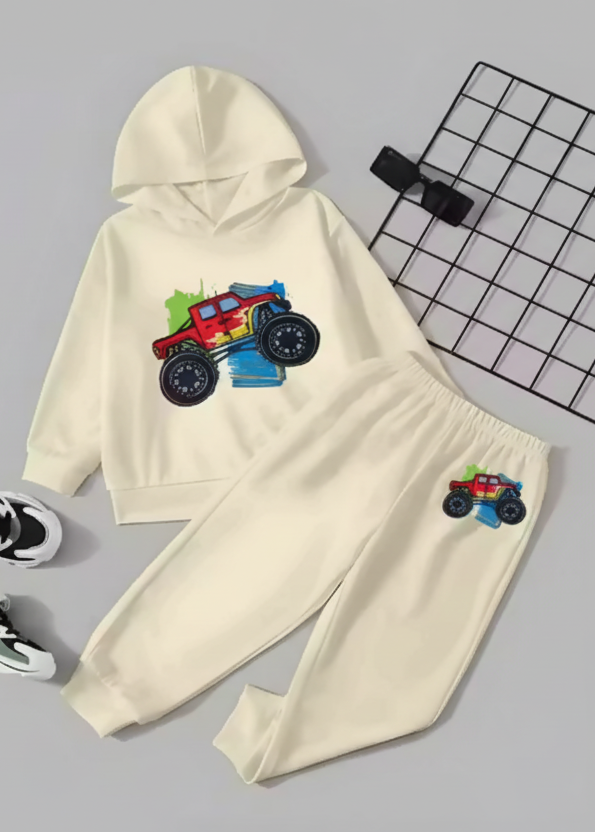 Kids Hooded Sweatshirt & Jogger Set – Monster Truck Graphic Printed Winter Wear (Cream) Luck Fashion