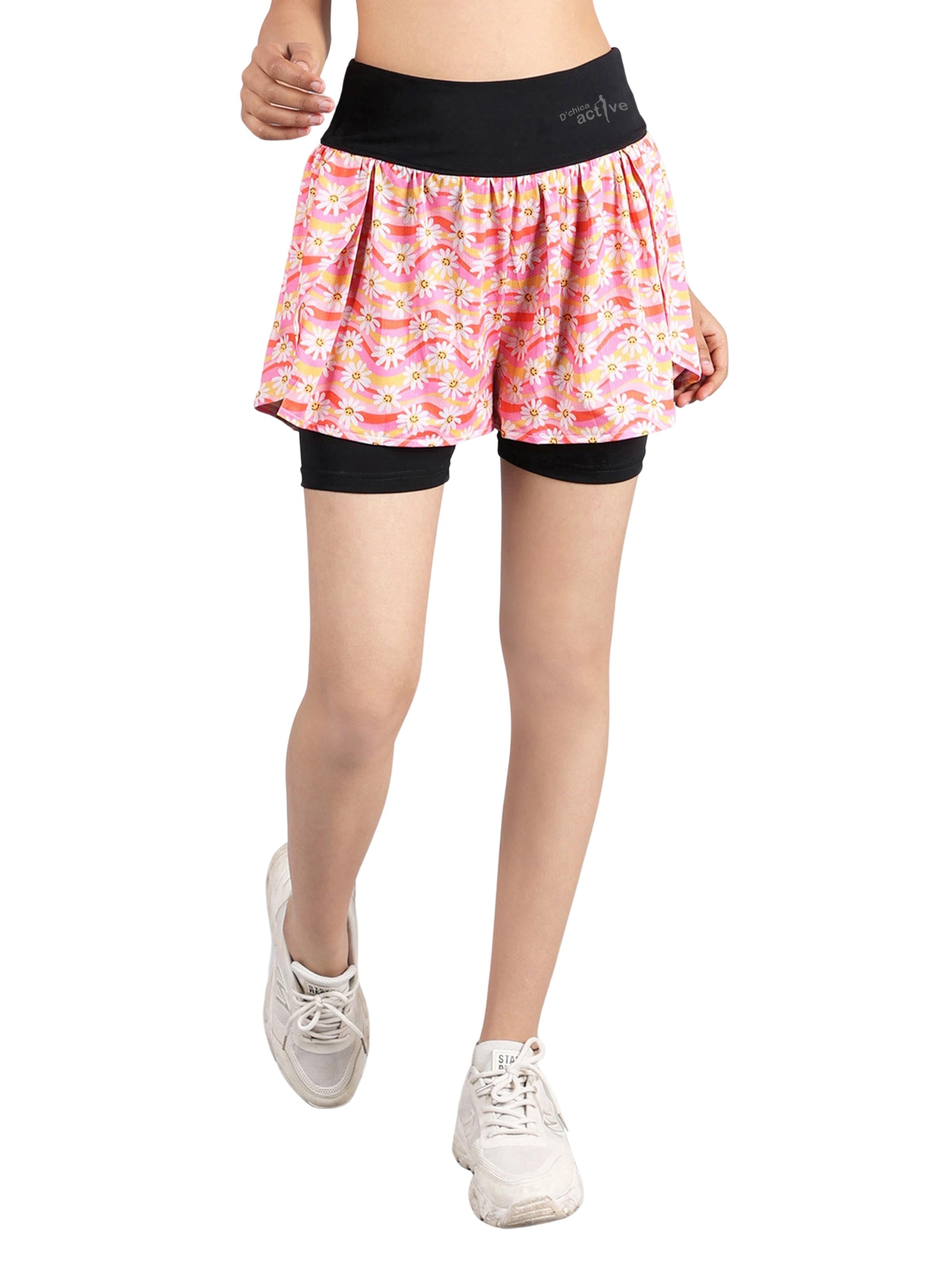 D'chica Essentials Assorted Flower Print Overlapping Shorts With Tights with Side Pocket | Color (Black) Dchica Fashion Lifestyle