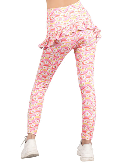 D'chica Essentials Assorted Ruffled Leggings with Side Pocket | Flower Print Activewear | Color( Peach) Dchica Fashion Lifestyle