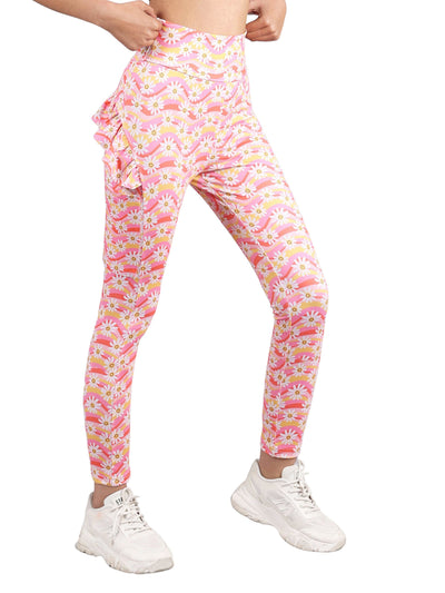 D'chica Essentials Assorted Ruffled Leggings with Side Pocket | Flower Print Activewear | Color( Peach) Dchica Fashion Lifestyle
